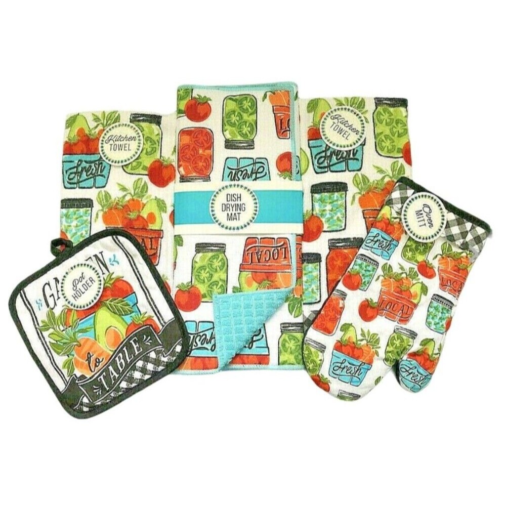 Vegetable Garden Set of 5 Kitchen Drying Mat Dish Towels Oven Mitt Potholder
